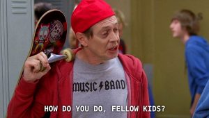 an old man dressed as a teenage skateboarder