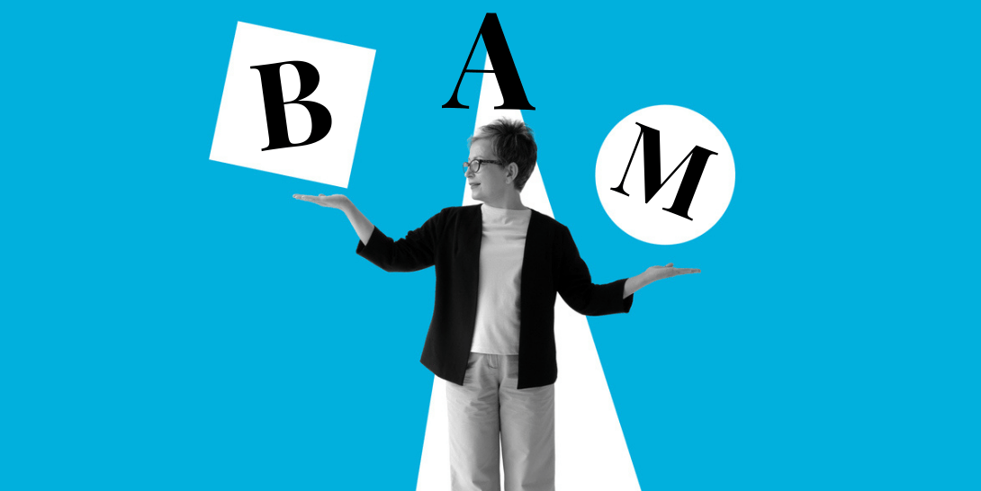 BAM: 3 Letters to Evaluate Potential Client Relationships Black and white photo of a cool woman holding up letters B,A and M on a blue background.