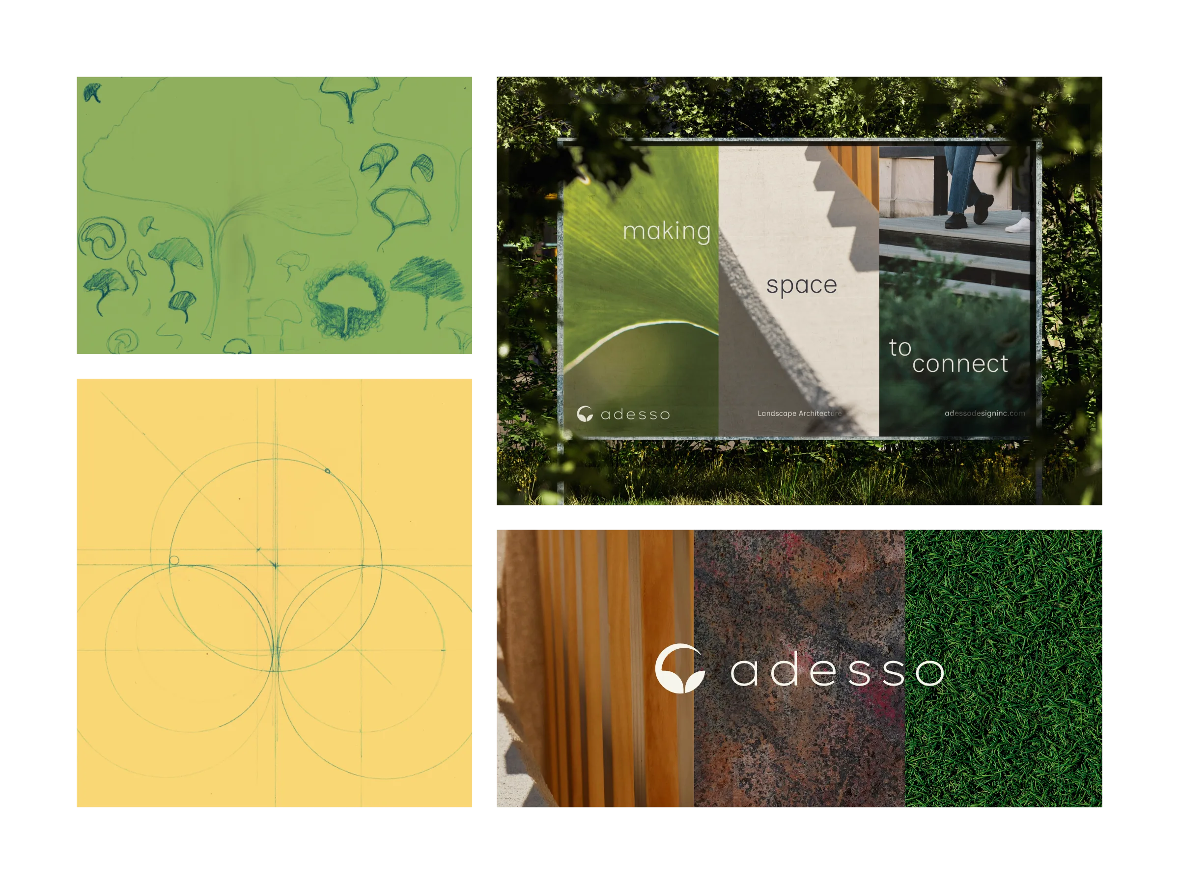 Adesso – Landscape Architects Brand Development A compilation of images from the development of the Adesso brand. Sketches of the Ginkgo leaf icon and mockups of the brand in advertising and over different background textures.