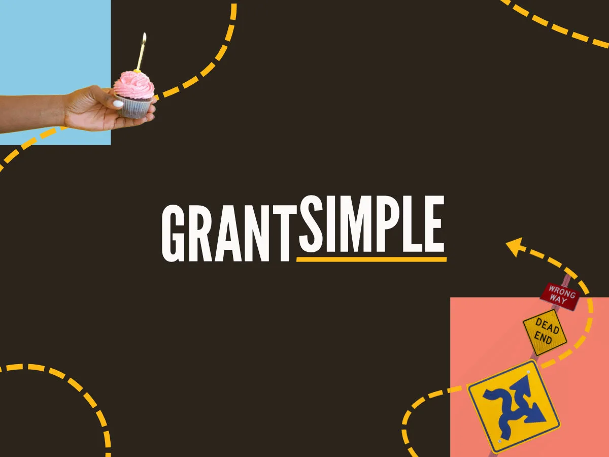Grantsimple - Muse Portfolio Featured Image: Collage of the Grantsimple logo with a dotted yellow line moving in and out of the edges of the frame. A hand holding a cupcake comes in from the top-left and the line swirls around street signs saying "wrong way" and "dead end" before ending in an arrow, pointing at the logo.