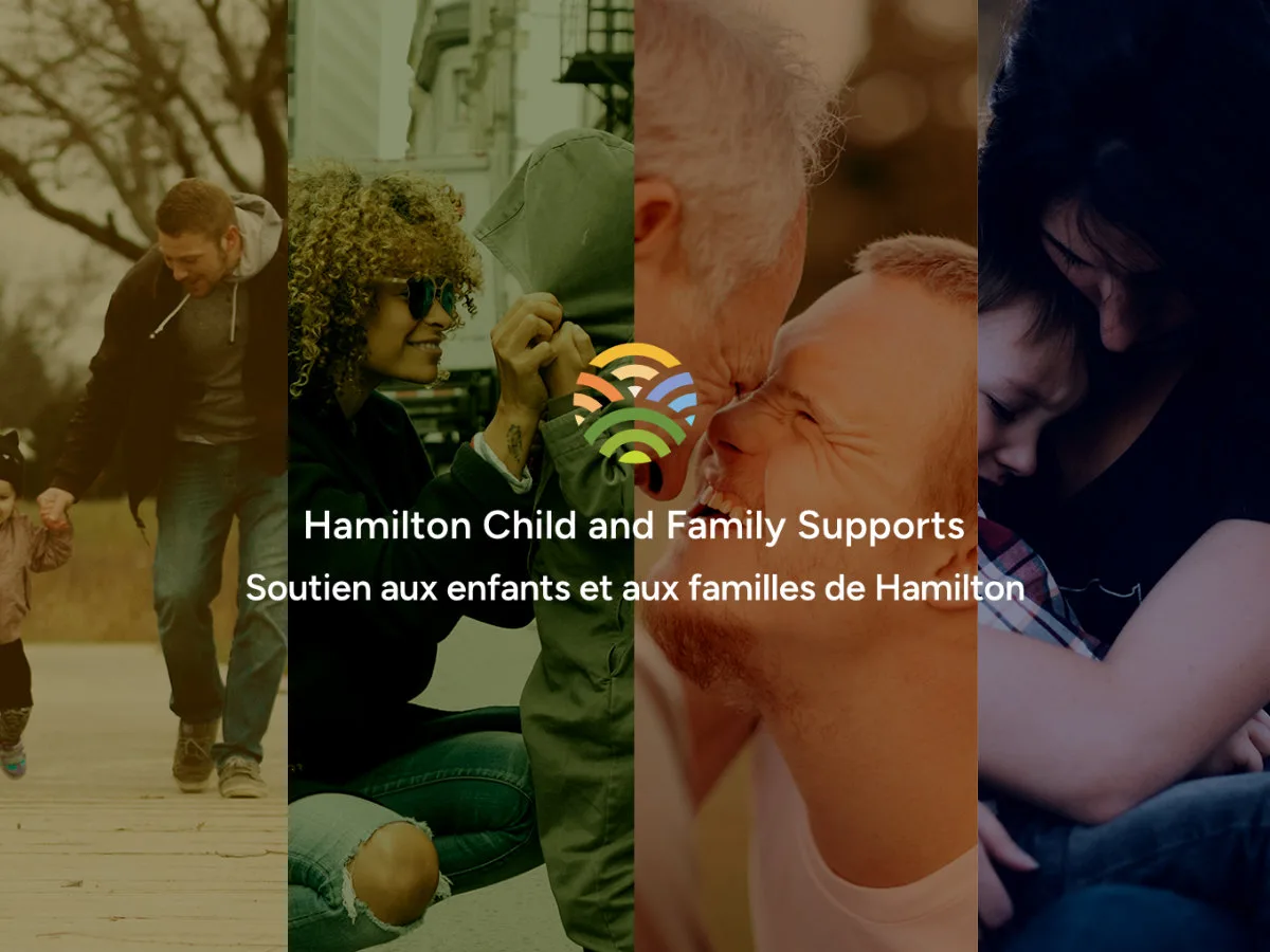 Hamilton Child and Family Supports - Logo on a compilation of images of families.