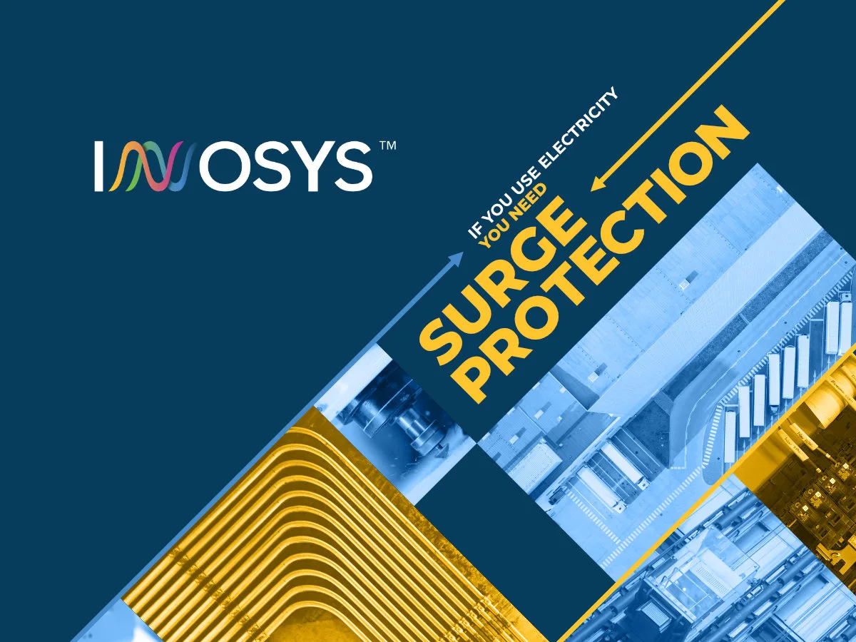 Innosys Power Logo next to the statement "If you use electricity, you need Surge Protection" - A compilation of photos on a 45-degree angle shows different places using electricity with yellow and blue overlays.