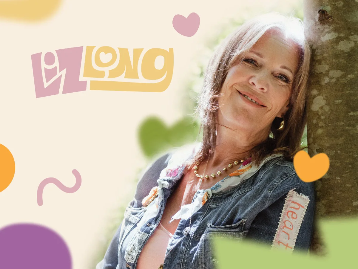 Liz Long - Personal Brand - Image featuring a photo of Liz Long, smiling at the camera and surrounded by elements of her brand. Hearts, shapes and the logo fade into the photo in a collage style.