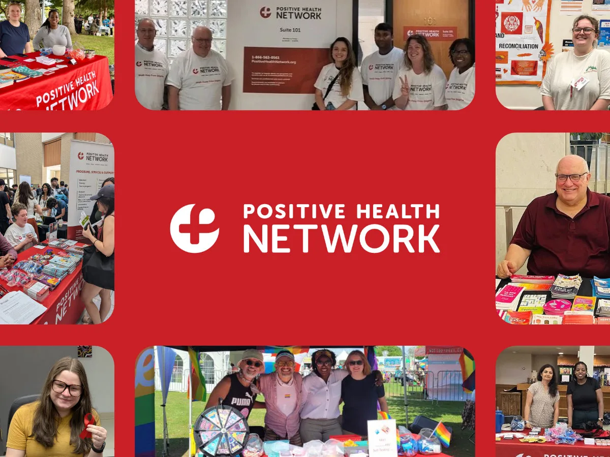 Logo for Positive Health Network surrounded by images of Positive Health Network team members and volunteers in the community, using the branding.