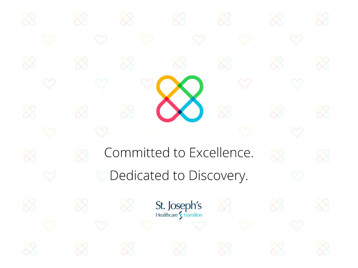 St Joseph's Healthcare Hamilton - 2025 Strategic Plan Brand - An abstract symbol of a multicoloured X-shape over the slogan "Committed to Excellence. Dedicated to Discovery."