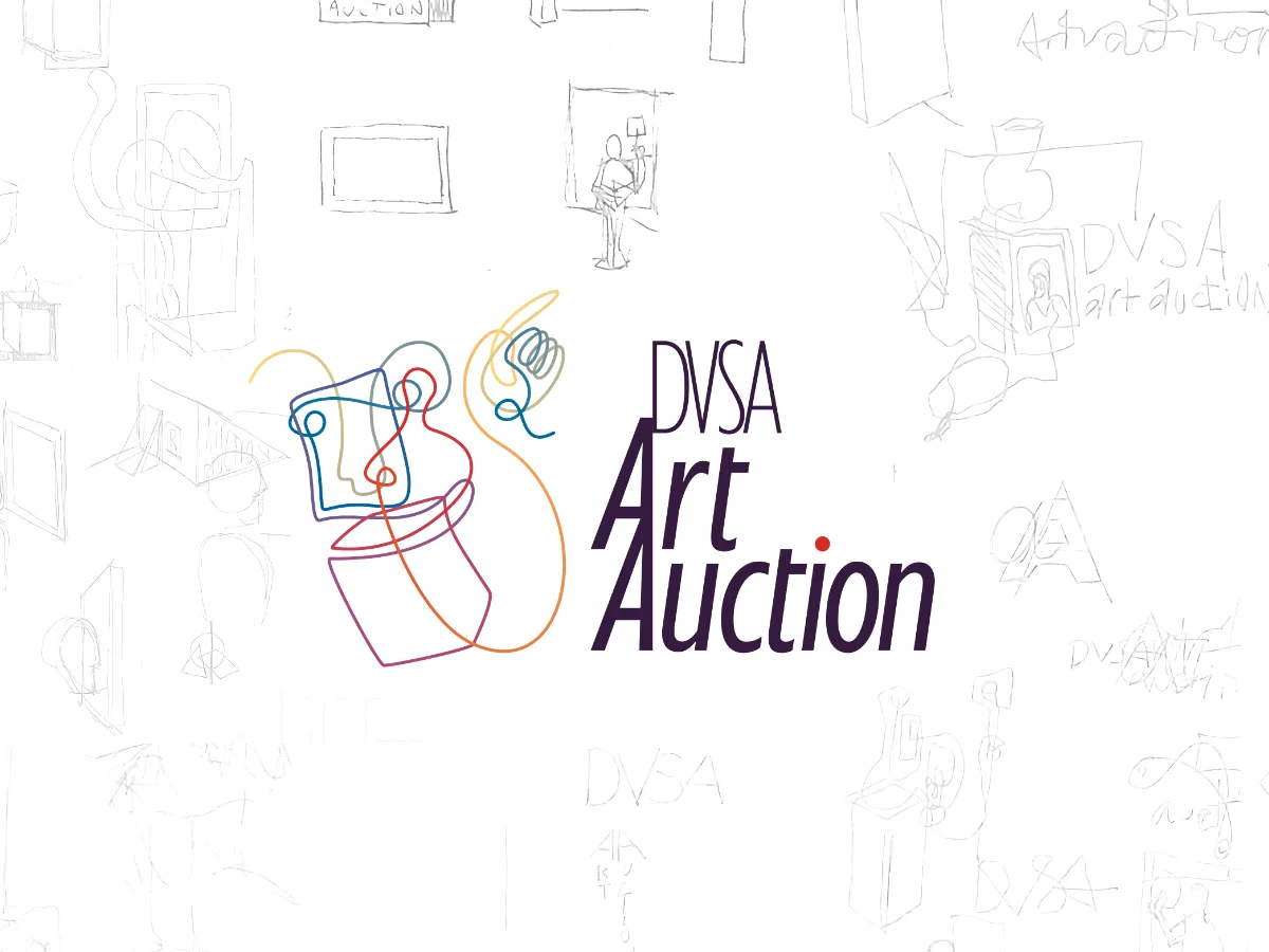 DVSA Art Auction Branding - A unique, artistic logo for DVSA's annual art auction, featuring a gestural, abstract character and a unique typesetting of the event name. Rough sketches of the brand concepts are shown in the background.