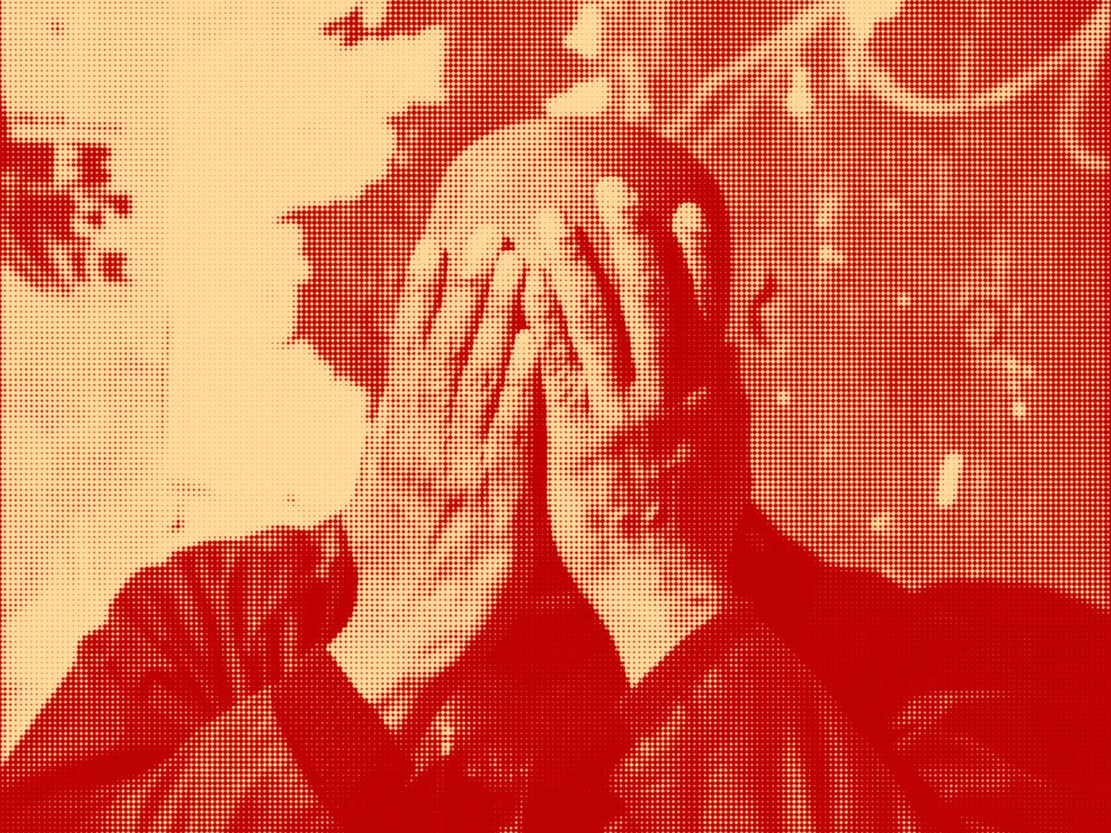 Photo of a man covering his face with his hands from an ugly logo, in a half-tone style and with an orange colour overlay.